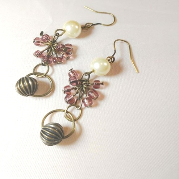Faux pearl, glass and bronze drop earrings - Picture 1 of 1